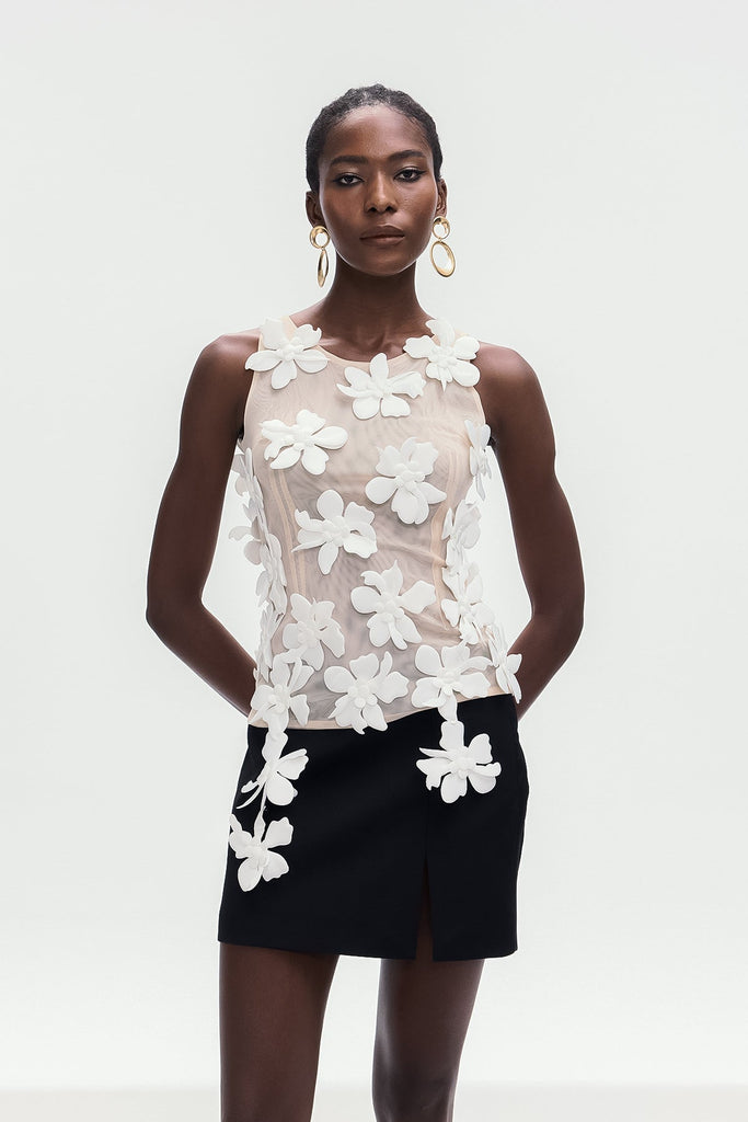 Stylish white dress | Bohdana Flower Sleeveless Top In White - Ideal for special occasions