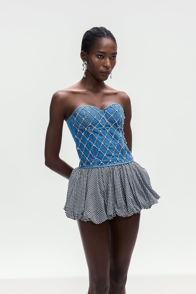 Stylish beautiful dress | Boipelo Crystal Embellished Strapless Denim Top - Ideal for special occasions
