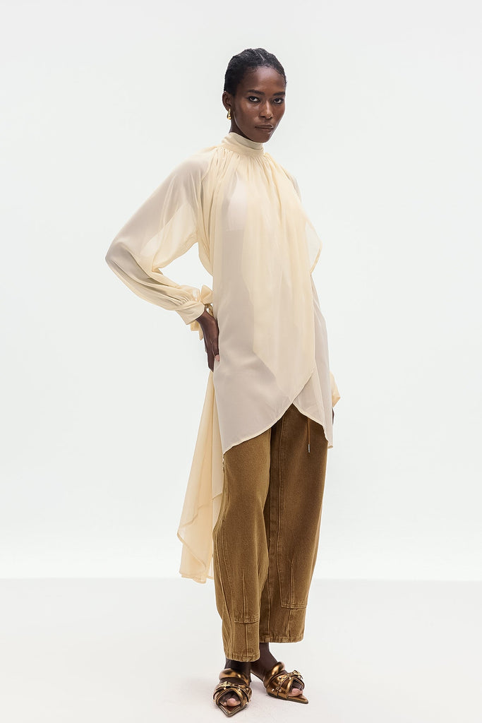 Bolormaa Lace Up Asymmetric Shirt In Apricot - Stylish beautiful dress for special occasions | Buy Online