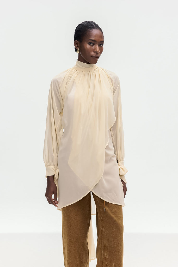 Stylish beautiful dress | Bolormaa Lace Up Asymmetric Shirt In Apricot - Ideal for special occasions