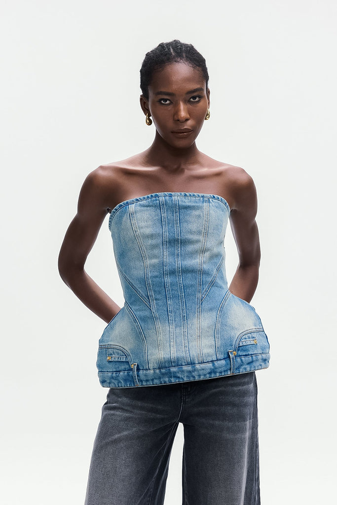 Bonifaas Deconstruct Strapless Denim Top - Stylish beautiful dress for special occasions | Buy Online