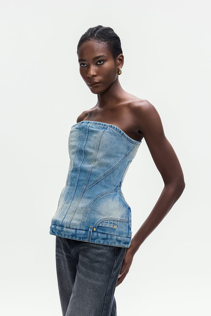 Bonifaas Deconstruct Strapless Denim Top - Stylish beautiful dress for special occasions | Buy Online