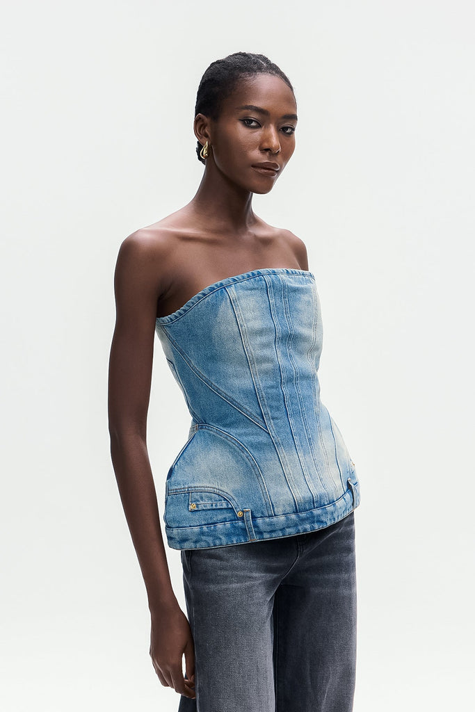 Stylish beautiful dress | Bonifaas Deconstruct Strapless Denim Top - Ideal for special occasions