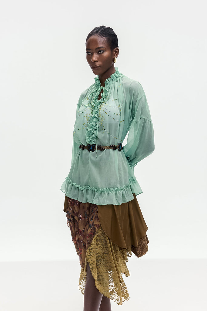 Bonifaz Drawstring Ruffle Shirt In Green - Stylish green dress for special occasions | Buy Online