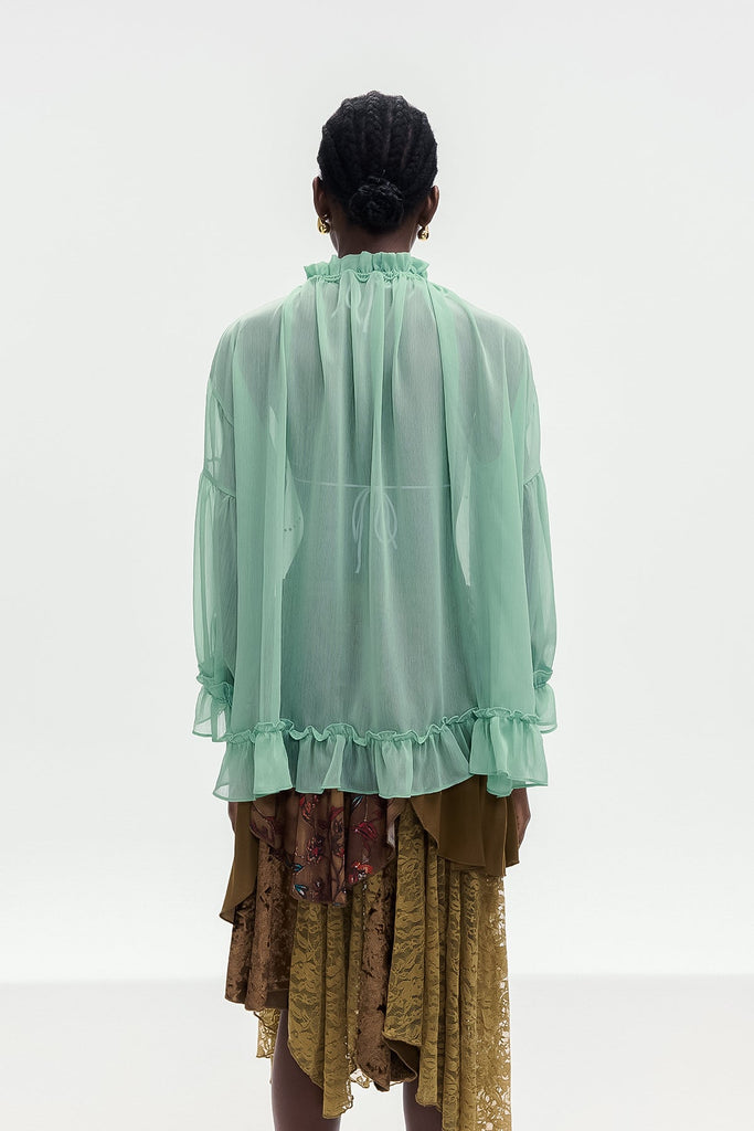 Bonifaz Drawstring Ruffle Shirt In Green - Stylish green dress for special occasions | Buy Online