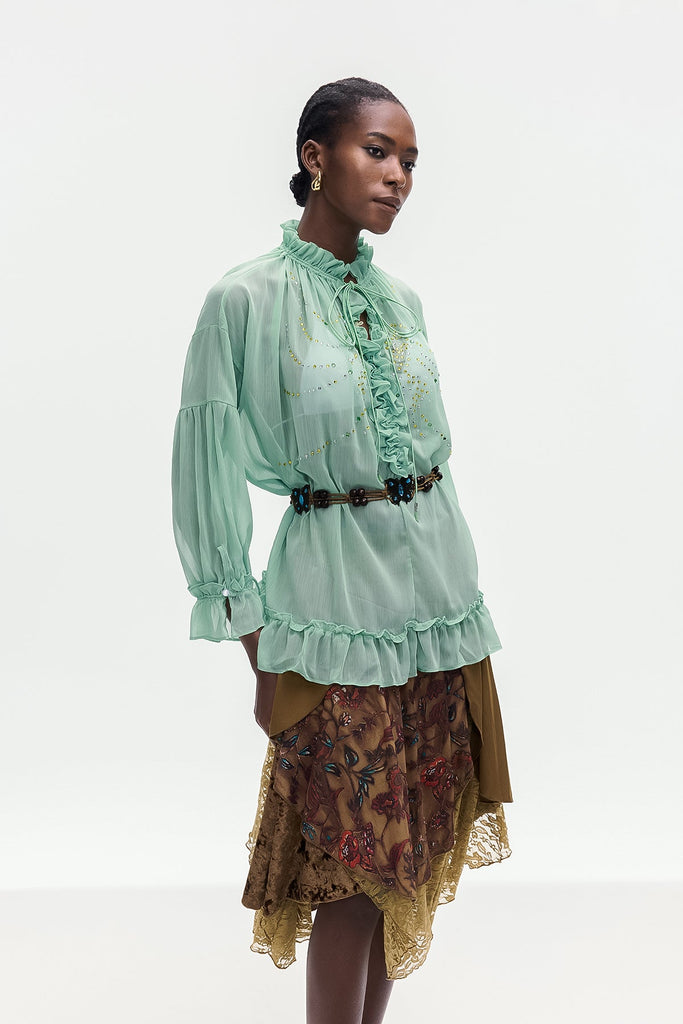 Stylish green dress | Bonifaz Drawstring Ruffle Shirt In Green - Ideal for special occasions