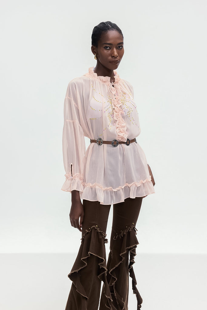 Bonifaz Drawstring Ruffle Shirt In Pink - Stylish pink dress for special occasions | Buy Online