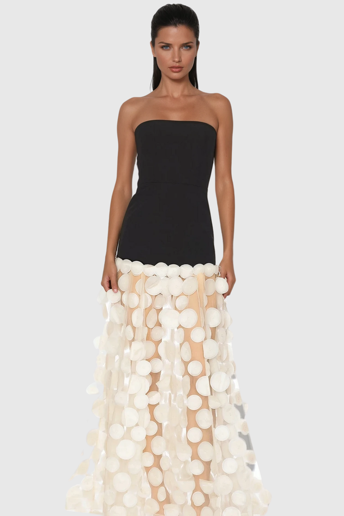 Shop  beautiful dress - Perfect for special occasions | Boryana Dot Strapless Maxi Dress In Apricot