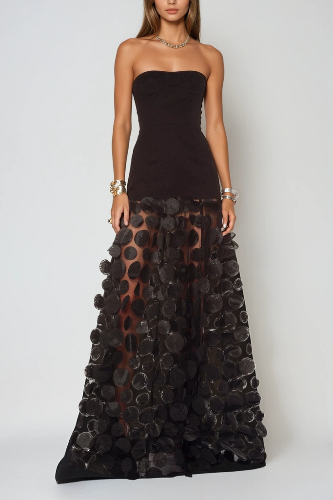 Boryana Dot Strapless Maxi Dress In Black - Stylish black dress for special occasions | Buy Online