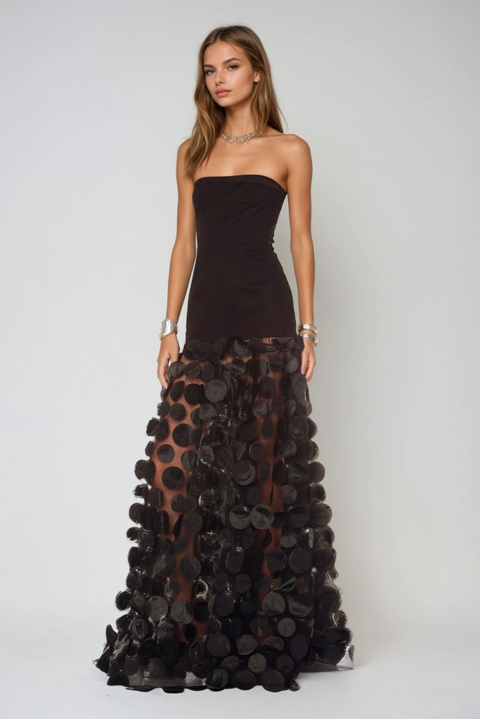Stylish black dress | Boryana Dot Strapless Maxi Dress In Black - Ideal for special occasions