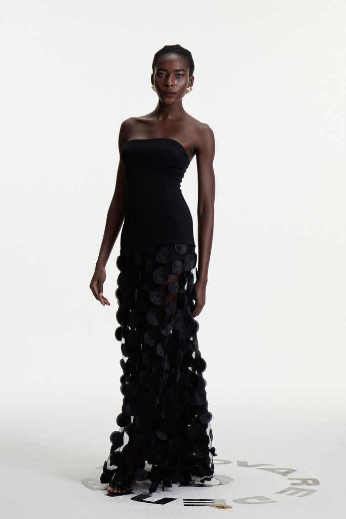 Boryana Dot Strapless Maxi Dress In Black - Stylish black dress for special occasions | Buy Online