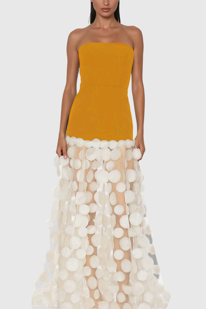 Boryana Dot Strapless Maxi Dress In Yellow - Stylish yellow dress for special occasions | Buy Online