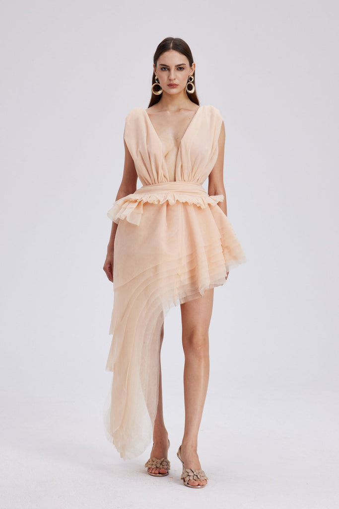 Shop  beautiful dress - Perfect for special occasions | Bosmat Ruch Mesh Asymmetric Mini Dress In Apricot