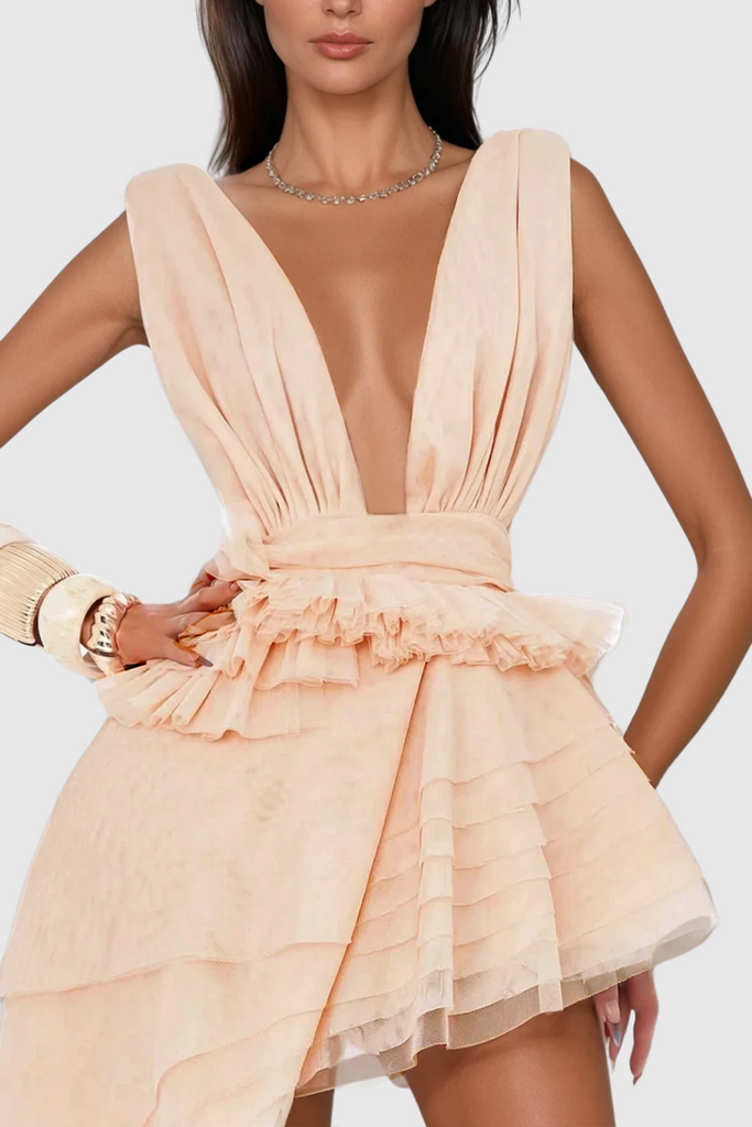 Stylish beautiful dress | Bosmat Ruch Mesh Asymmetric Mini Dress In Apricot - Ideal for special occasions