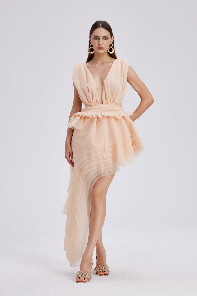 Shop  beautiful dress - Perfect for special occasions | Bosmat Ruch Mesh Asymmetric Mini Dress In Apricot