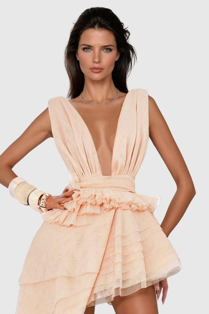 Shop  beautiful dress - Perfect for special occasions | Bosmat Ruch Mesh Asymmetric Mini Dress In Apricot