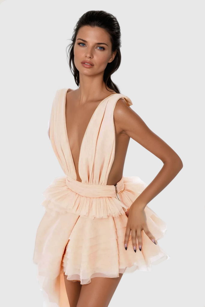 Shop  beautiful dress - Perfect for special occasions | Bosmat Ruch Mesh Asymmetric Mini Dress In Apricot