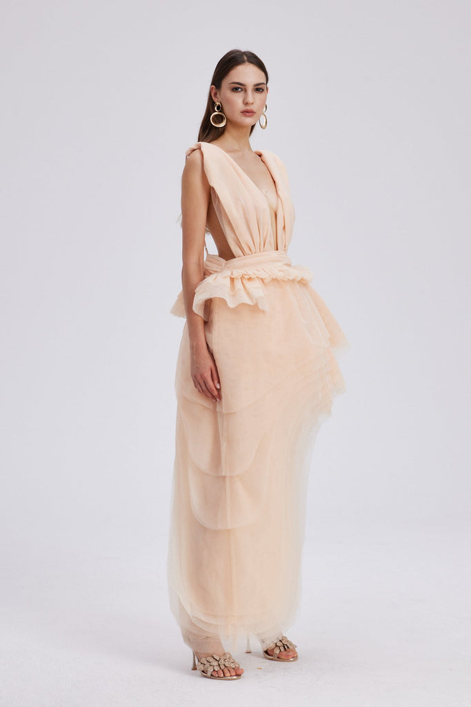 Shop  beautiful dress - Perfect for special occasions | Bosmat Ruch Mesh Asymmetric Mini Dress In Apricot