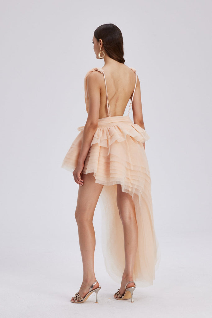Stylish beautiful dress | Bosmat Ruch Mesh Asymmetric Mini Dress In Apricot - Ideal for special occasions
