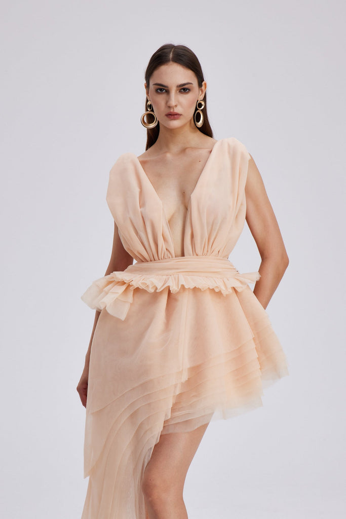 Shop  beautiful dress - Perfect for special occasions | Bosmat Ruch Mesh Asymmetric Mini Dress In Apricot