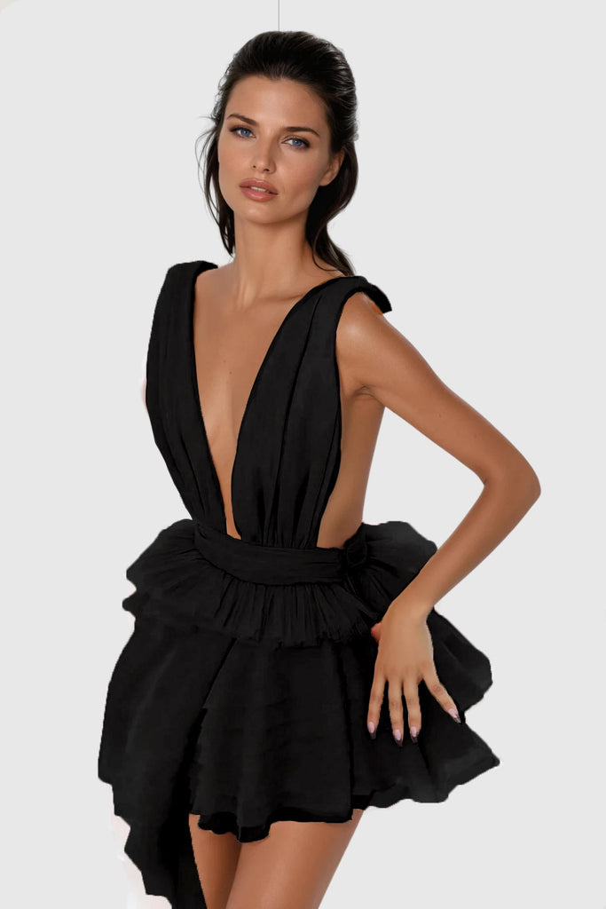 Bosmat Ruch Mesh Asymmetric Mini Dress In Black - Stylish black dress for special occasions | Buy Online