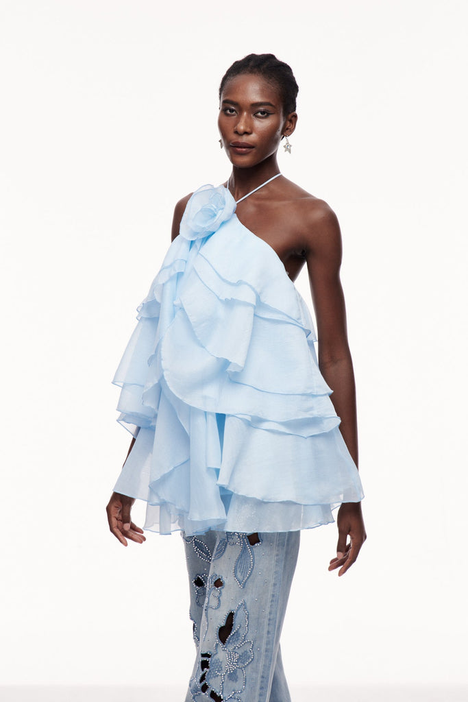 Shop  blue dress - Perfect for special occasions | Boudewijn Flower Ruffle Mini Dress In Blue