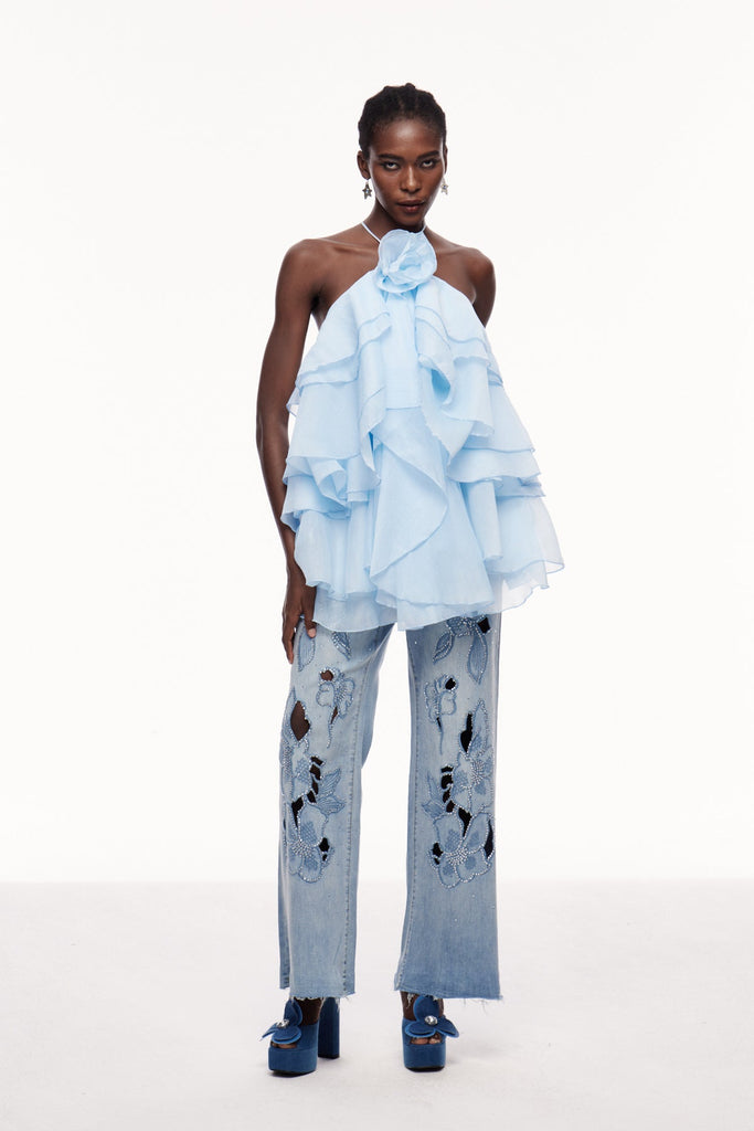 Boudewijn Flower Ruffle Mini Dress In Blue - Stylish blue dress for special occasions | Buy Online