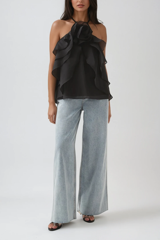 Boudewijn Flower Ruffle Top In Black