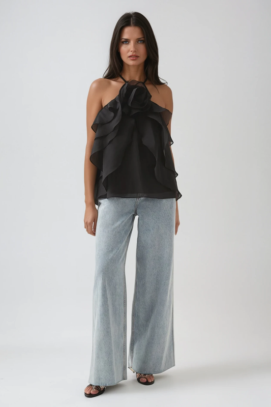 Boudewijn Flower Ruffle Top In Black