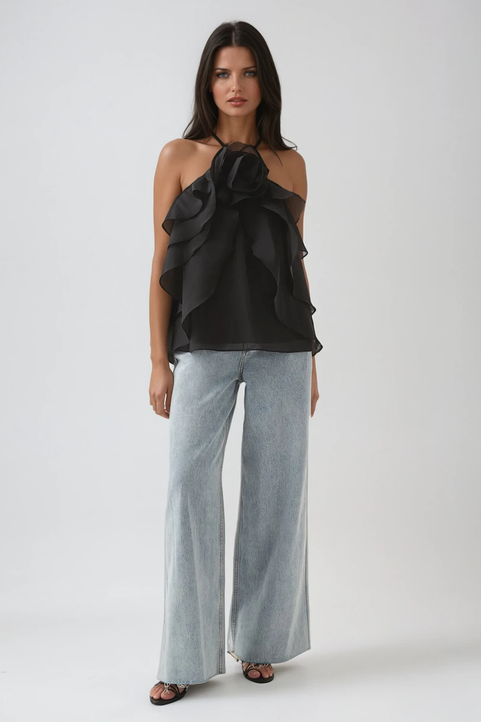 Stylish black dress | Boudewijn Flower Ruffle Top In Black - Ideal for special occasions
