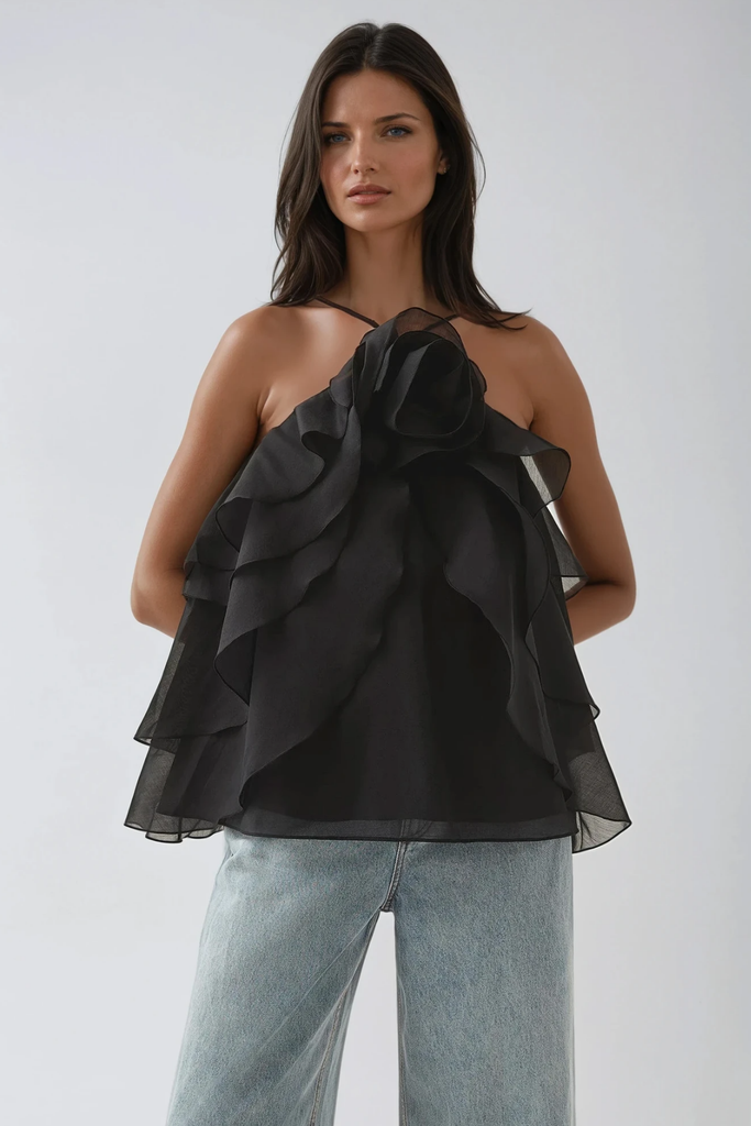 Stylish black dress | Boudewijn Flower Ruffle Top In Black - Ideal for special occasions