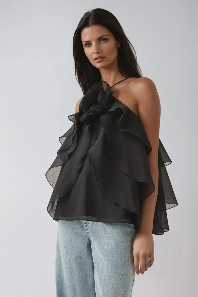 Stylish black dress | Boudewijn Flower Ruffle Top In Black - Ideal for special occasions