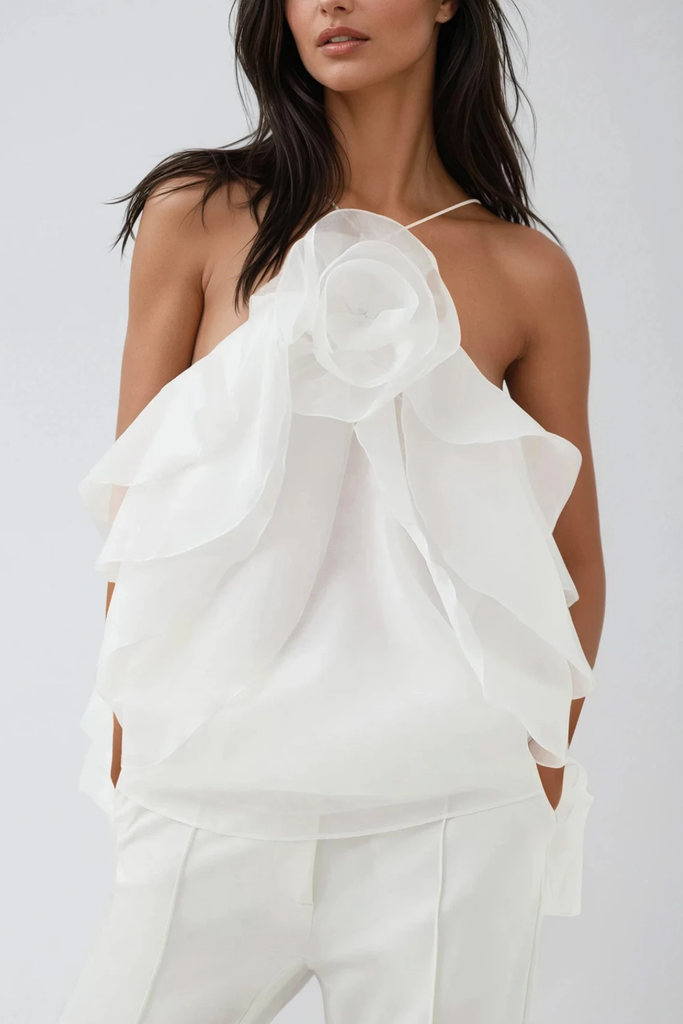 Stylish white dress | Boudewijn Flower Ruffle Top In White - Ideal for special occasions