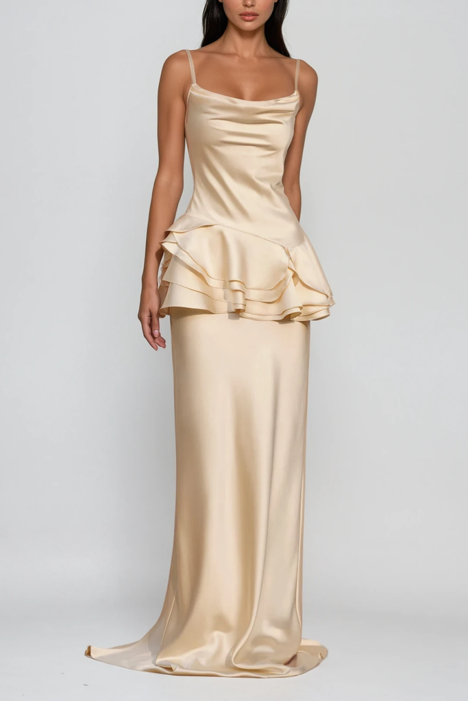Stylish beautiful dress | Boudica Cow Neck Ruffle Satin Maxi Dress - Ideal for special occasions