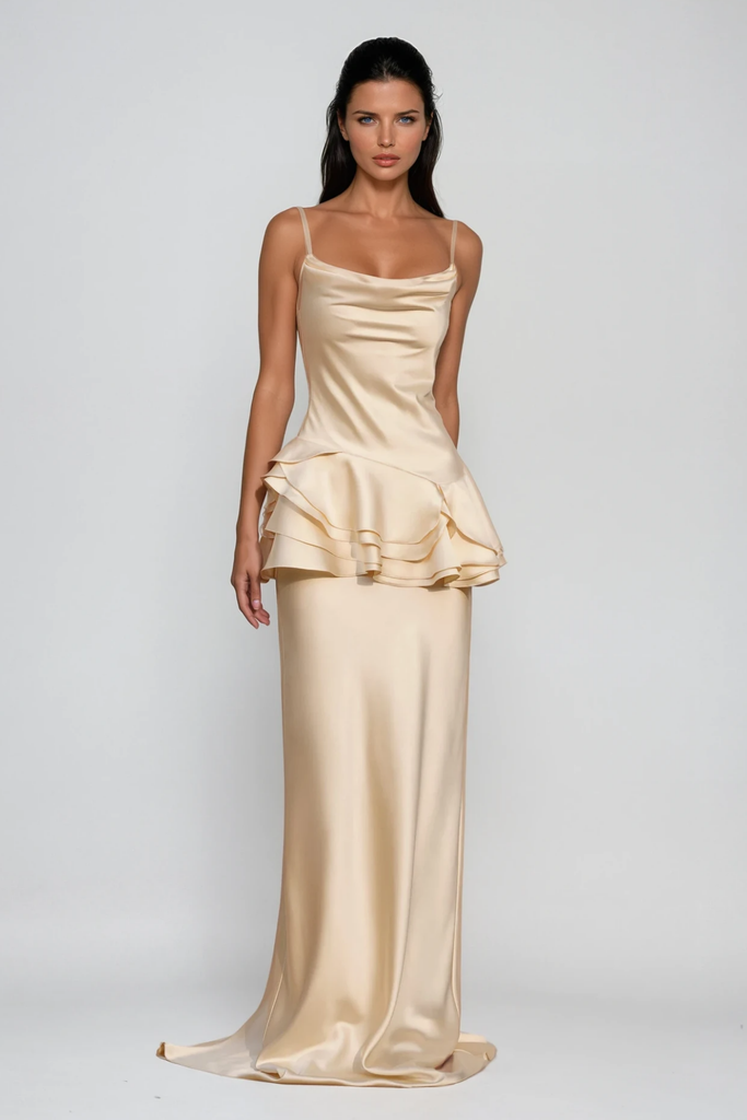 Boudica Cow Neck Ruffle Satin Maxi Dress - Stylish beautiful dress for special occasions | Buy Online