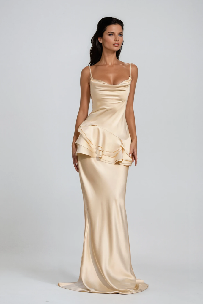 Shop  beautiful dress - Perfect for special occasions | Boudica Cow Neck Ruffle Satin Maxi Dress