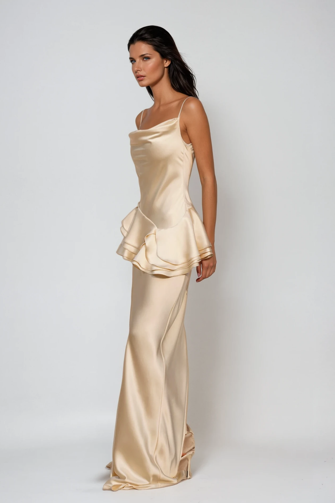 Shop  beautiful dress - Perfect for special occasions | Boudica Cow Neck Ruffle Satin Maxi Dress