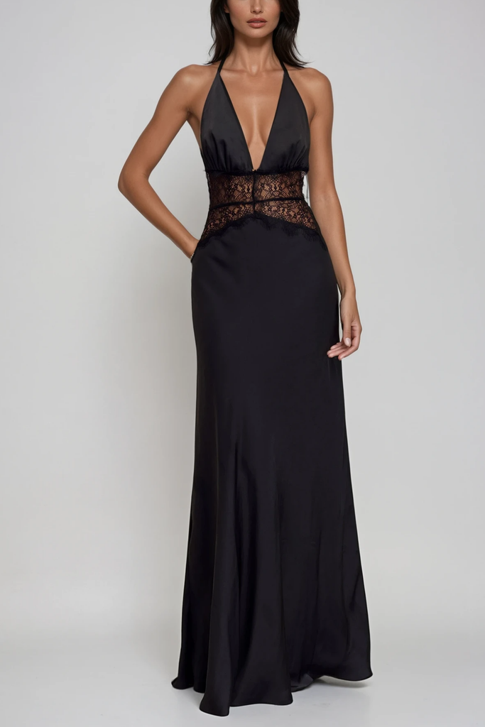 Stylish black dress | Bowie Lace Plunge Backless Maxi Dress In Black - Ideal for special occasions
