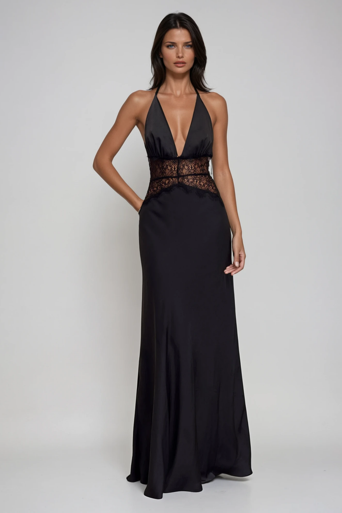Bowie Lace Plunge Backless Maxi Dress In Black - Stylish black dress for special occasions | Buy Online