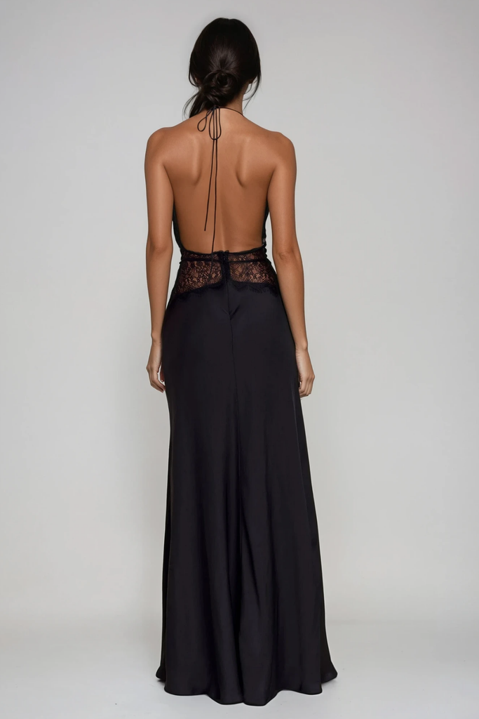 Stylish black dress | Bowie Lace Plunge Backless Maxi Dress In Black - Ideal for special occasions