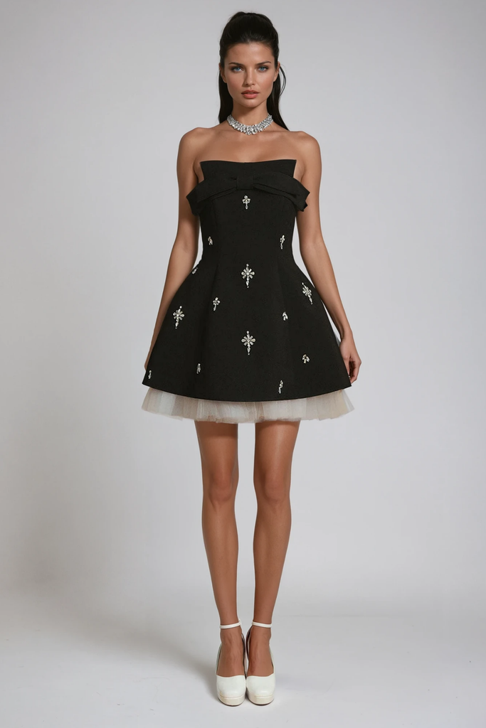 Shop  beautiful dress - Perfect for special occasions | Bracha Crystal Bow Mesh Mini Dress