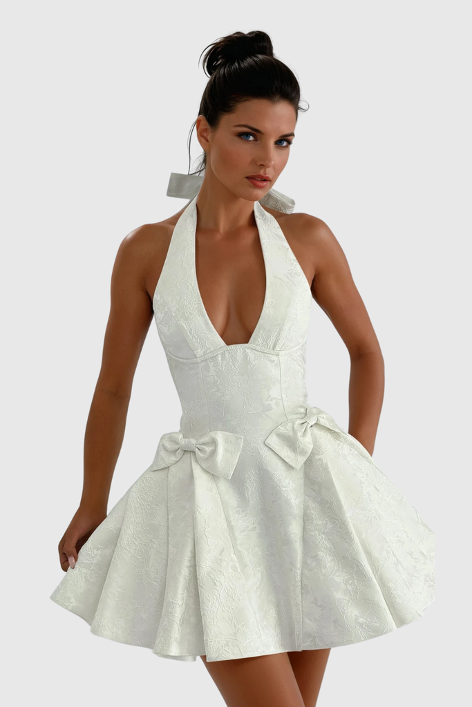 Braelynn Bow Plunge Ruffle Mini Dress In Apricot - Stylish beautiful dress for special occasions | Buy Online