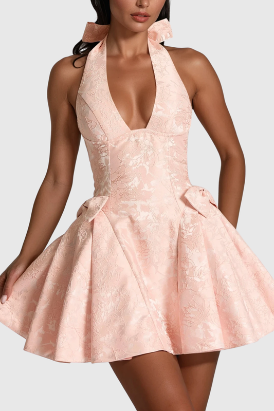 Braelynn Bow Plunge Ruffle Mini Dress In Pink