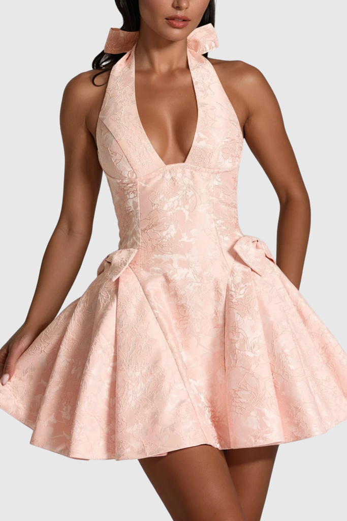 Shop  pink dress - Perfect for special occasions | Braelynn Bow Plunge Ruffle Mini Dress In Pink
