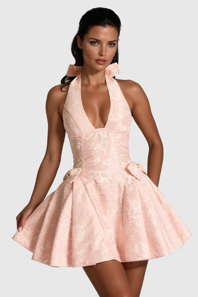 Stylish pink dress | Braelynn Bow Plunge Ruffle Mini Dress In Pink - Ideal for special occasions