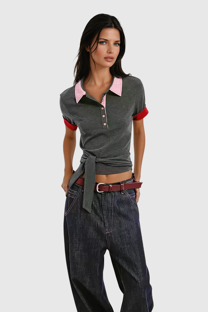 Bran Polo Neck Lace Up T Shirt - Stylish beautiful dress for special occasions | Buy Online