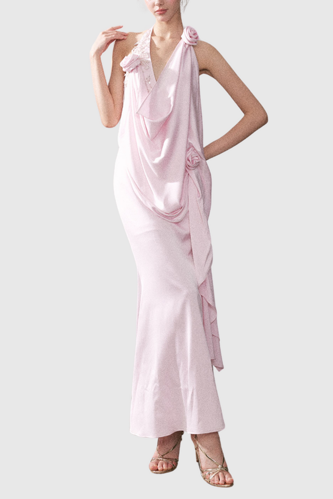 Stylish pink dress | Branden Cowl Neck Flower Backless Maxi Dress In Pink - Ideal for special occasions