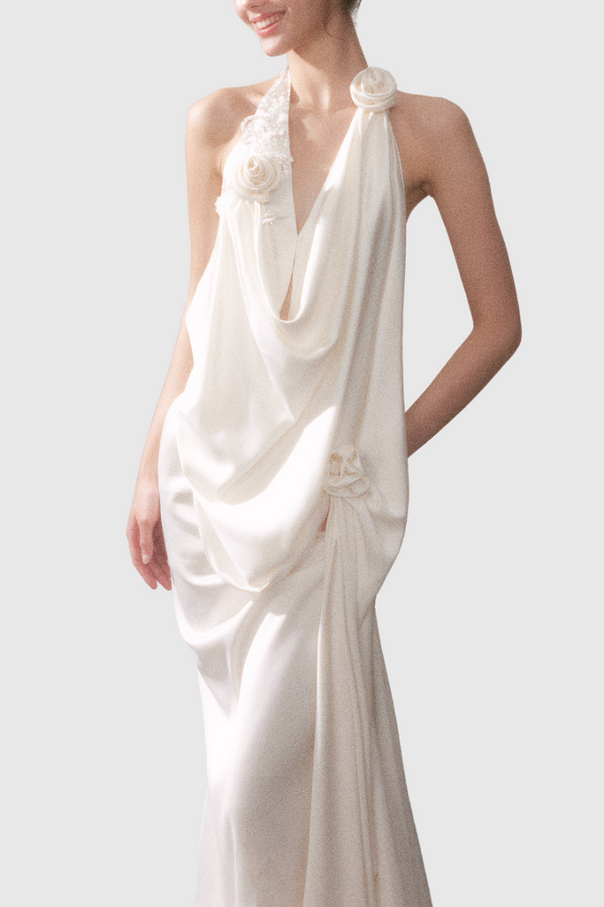Shop  white dress - Perfect for special occasions | Branden Cowl Neck Flower Backless Maxi Dress In White