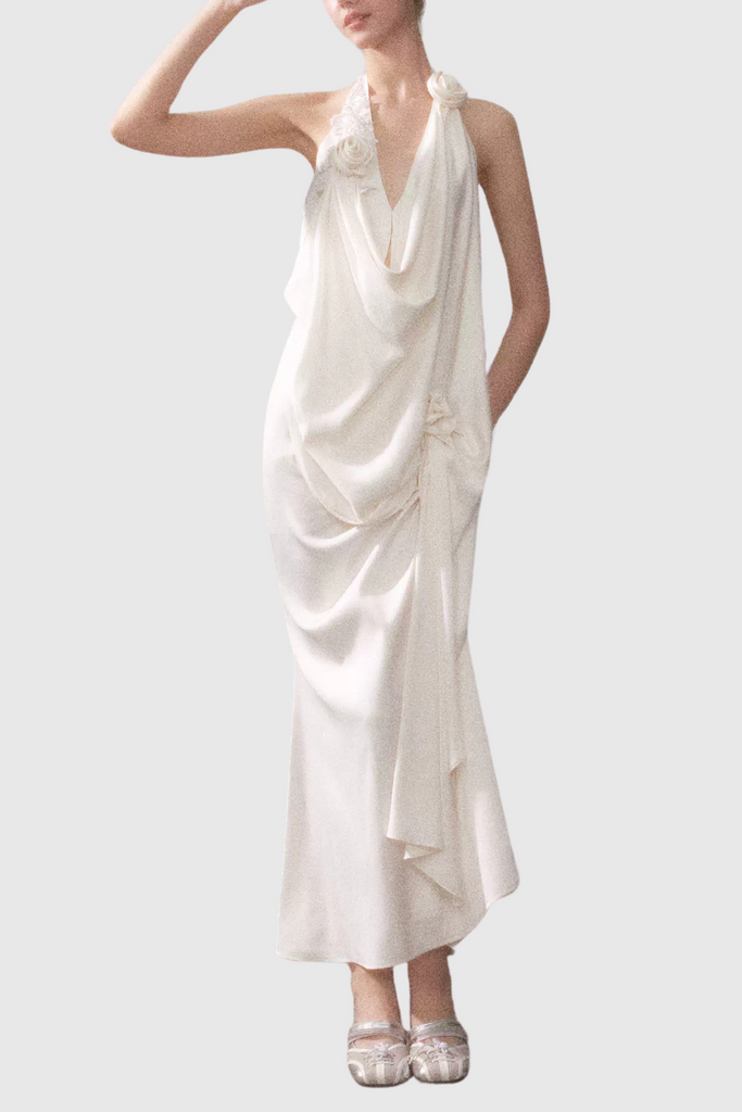 Shop  white dress - Perfect for special occasions | Branden Cowl Neck Flower Backless Maxi Dress In White