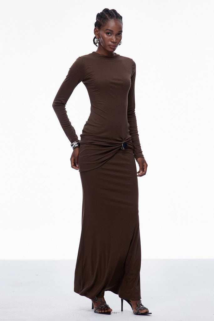 Brandr Ruch Bodycon Maxi Dress In Brown - Stylish brown dress for special occasions | Buy Online